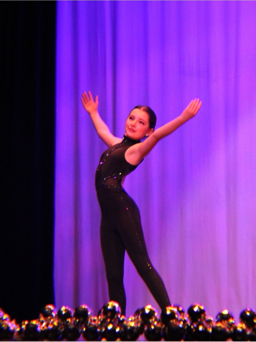 Black Sleeveless one piece costume with blue/purple AB rhinestones